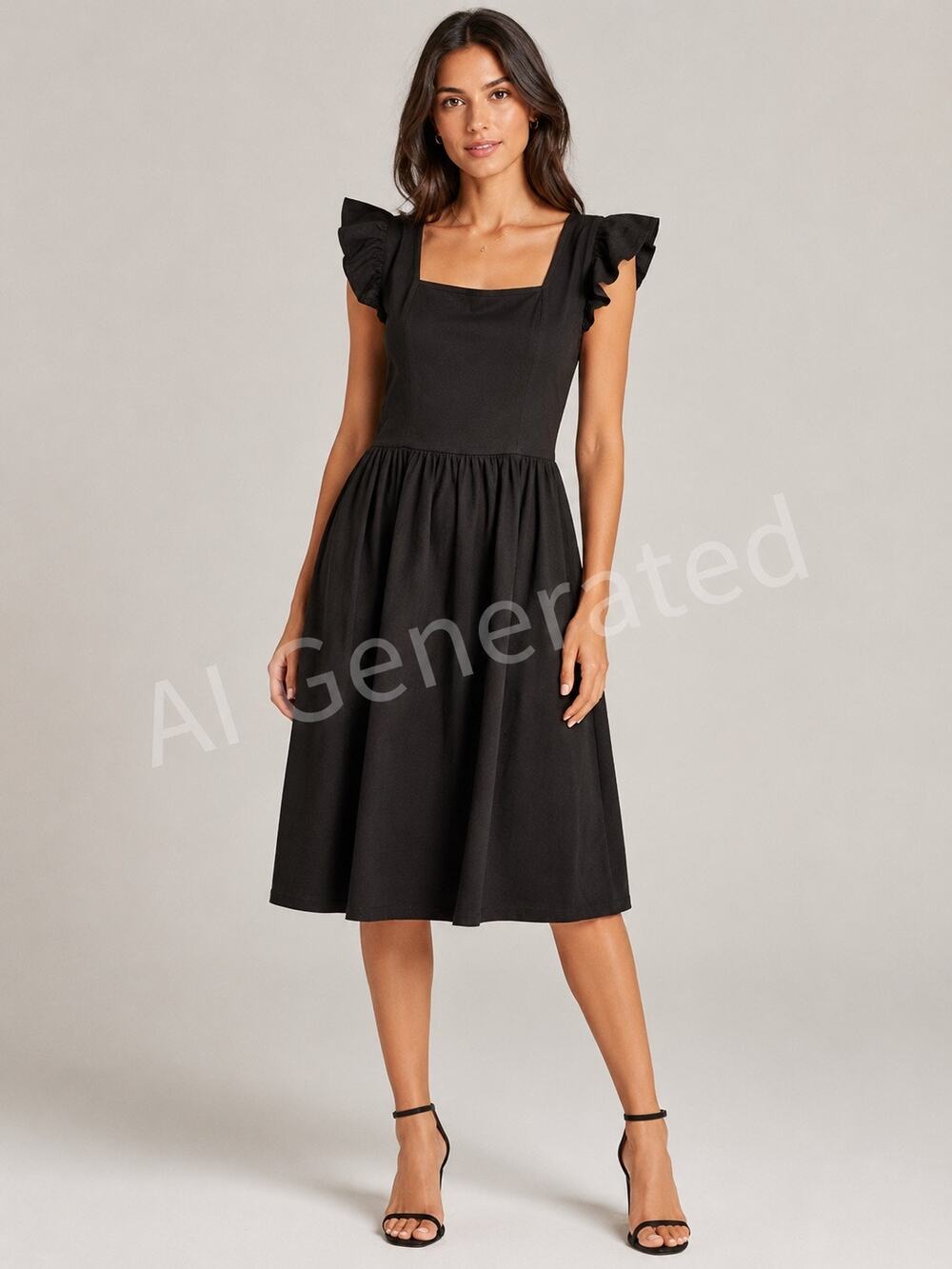 Loemes‎ Women’s Large Black Ruffle Sleeve Drop Waist Dress Square Neck NWT